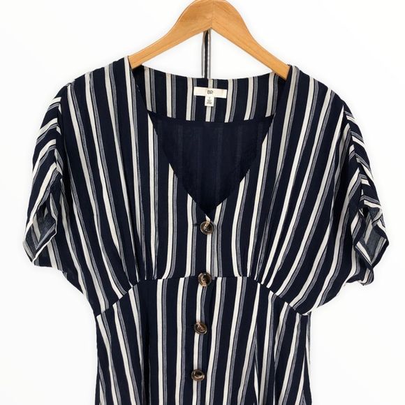 BP Navy White Striped Button Front Gathered Sleeve Mini Dress size Small - Picture 3 of 11